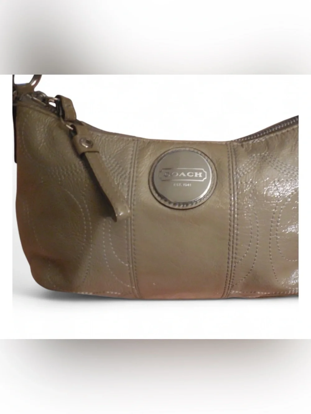 New COACH Gray Leather Shoulder Bag with Signature Medallion